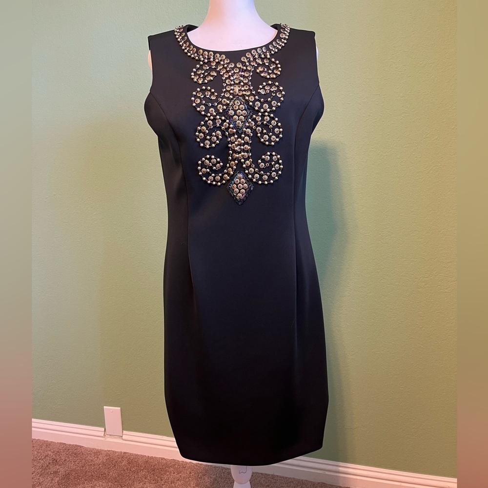 Ellen Tracy Black Shift Dress with Ornate Collar Design